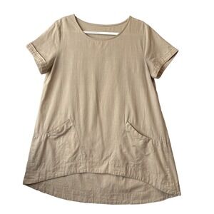 Minibee Linen Cotton Short Sleeve Beige Hi Lo Tunic Top XL Lagenlook Boho Chic